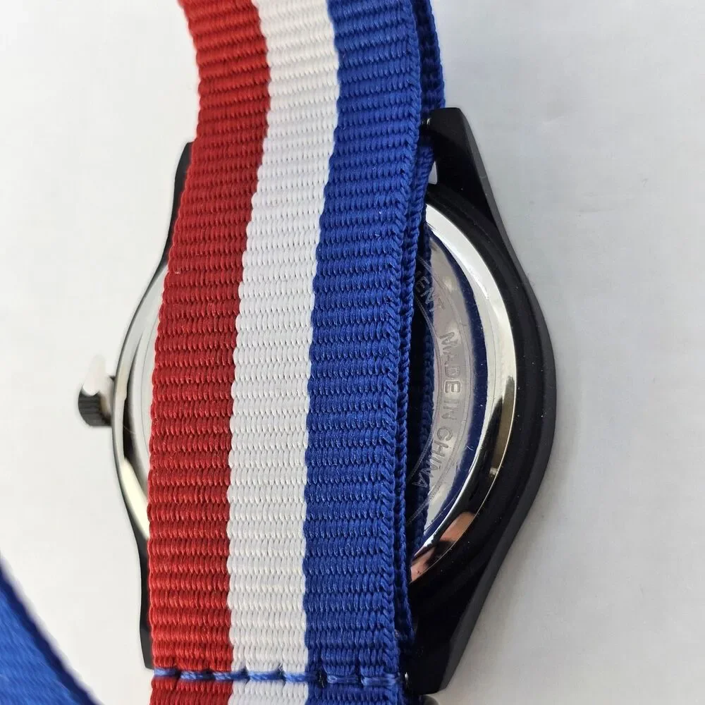 Field Men's Watch 42MM Black Dial Black Case Blue White Red Canvas Band‎ Strap